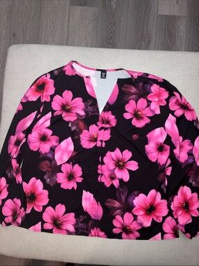 SHEIN Black Blouse with Bright Pink Floral Print